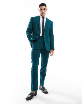 ASOS DESIGN slim with linen suit trouser in teal green