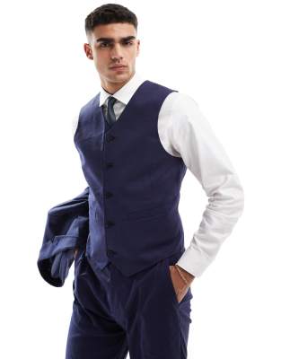 Asos Design Slim With Linen Suit Vest In Navy