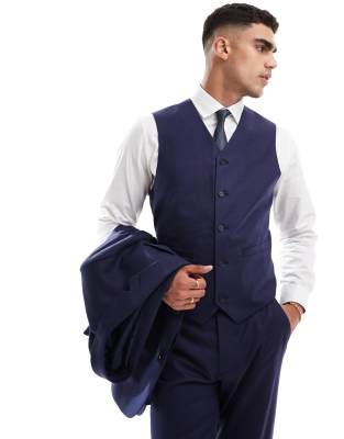 Asos Design Slim With Linen Suit Vest In Navy