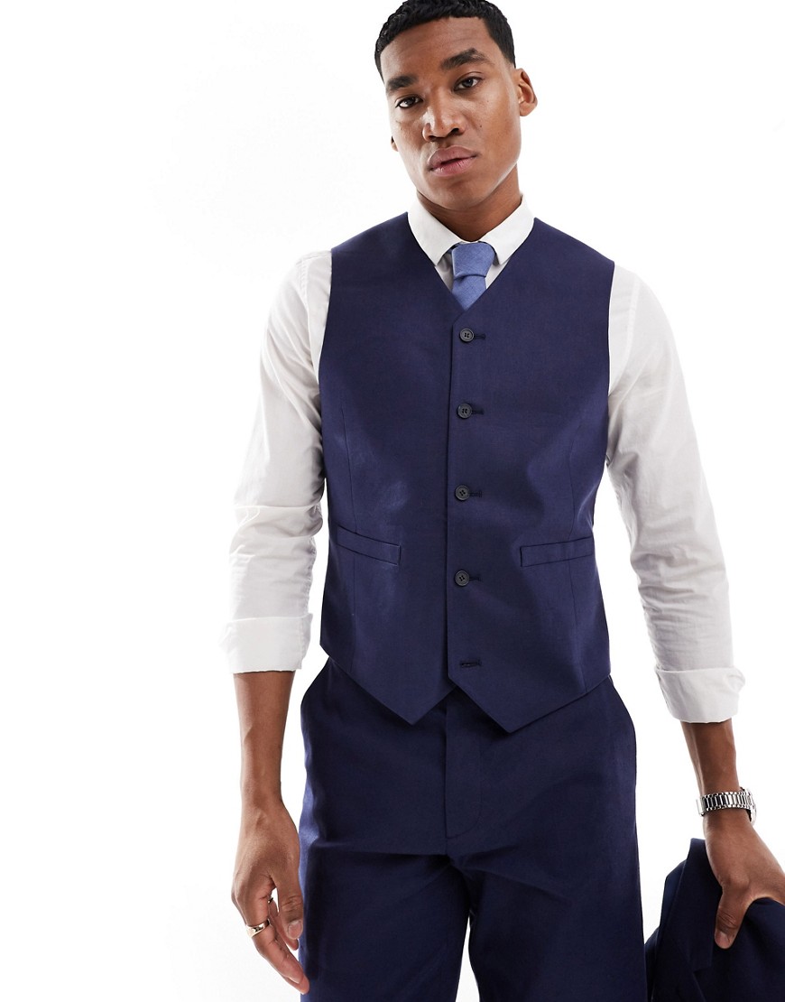 Asos Design Slim With Linen Suit Vest In Navy