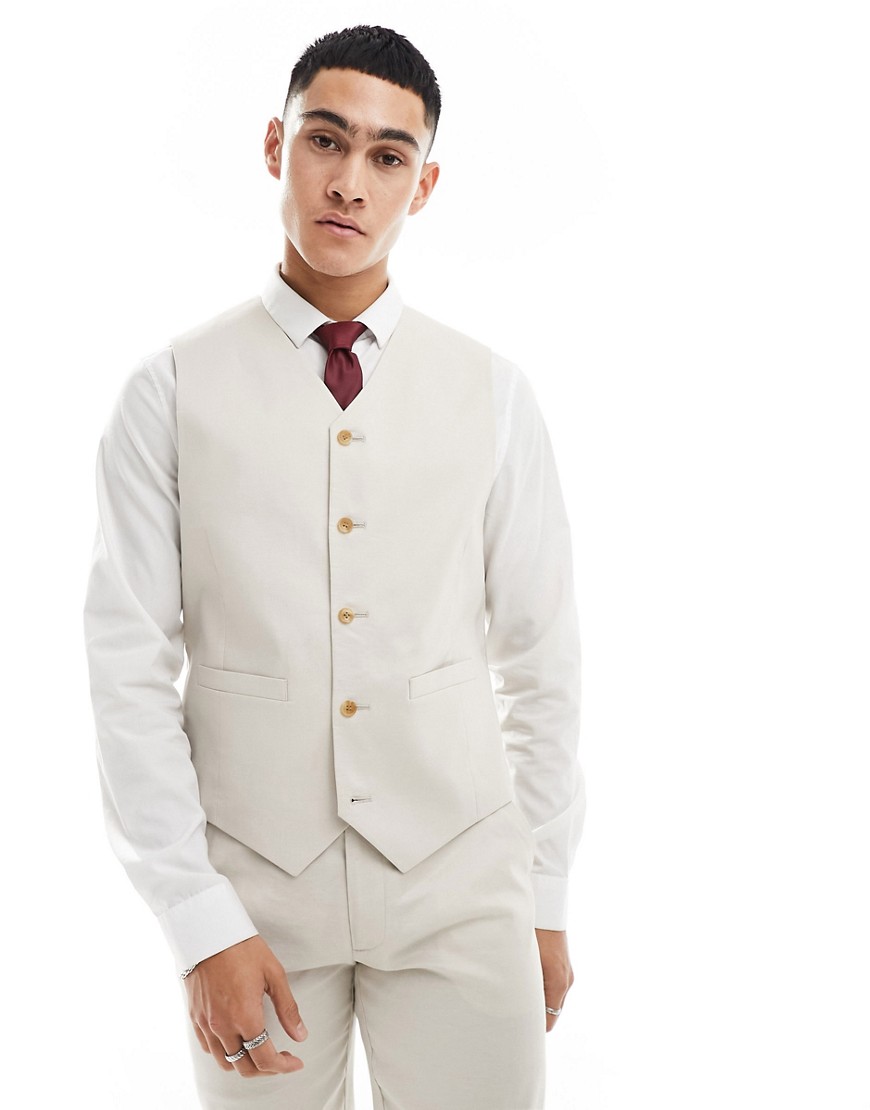Asos Design Slim With Linen Suit Vest In Stone-neutral
