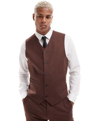 ASOS DESIGN slim with linen suit waistcoat in brown