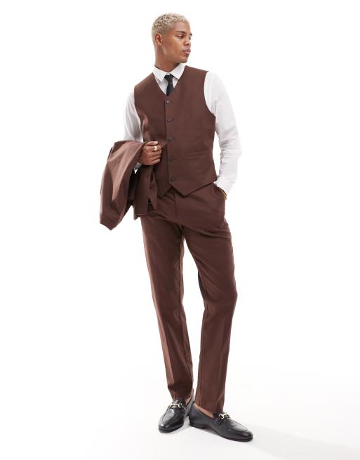 ASOS DESIGN slim with linen suit waistcoat in brown ASOS