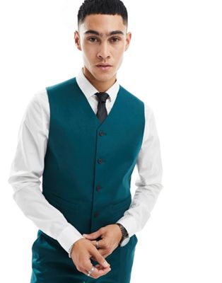 ASOS DESIGN slim with linen suit waistcoat in teal green