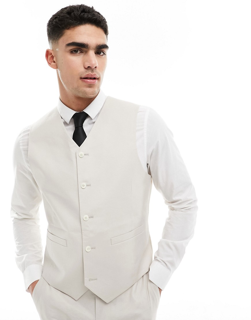ASOS DESIGN slim with linen suit waistcoat in stone-Neutral