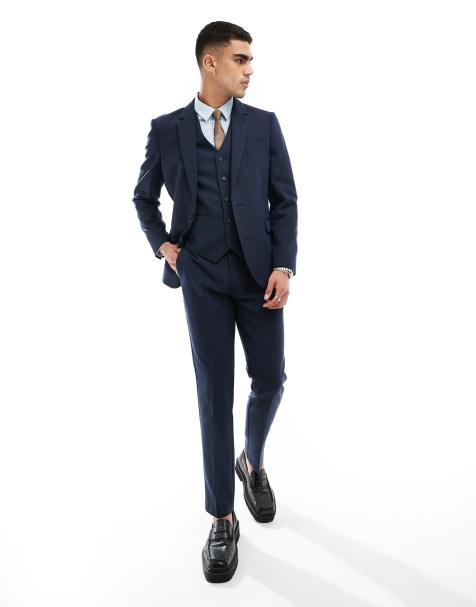 ASOS DESIGN slim wool blend suit in navy basket weave - view 1
