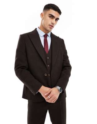 slim wool blend suit jacket in brown twill