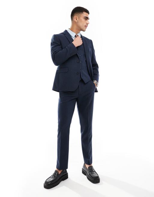 ASOS DESIGN slim wool blend suit pants in navy basket weave