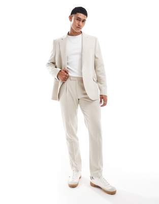 Asos Design Slim Wool Blend Suit Pants In Stone Herringbone-neutral