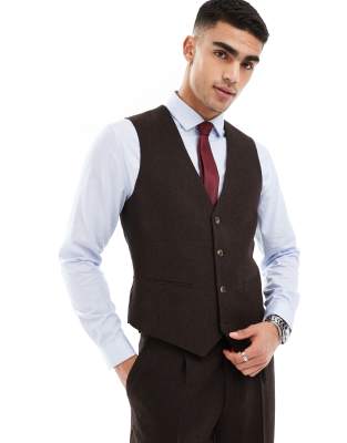 Asos Design Slim Wool Blend Suit Vest In Brown Twill In Black