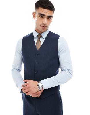 Asos Design Slim Wool Blend Suit Vest In Navy Basketweave In Blue