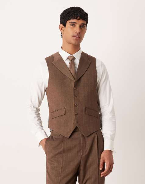 ASOS DESIGN slim wool look suit waistcoat in brown twill herringbone - view 1