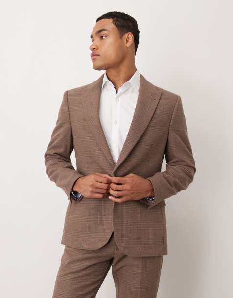 ASOS DESIGN slim wool mix suit jacket in brown glen check - view 1