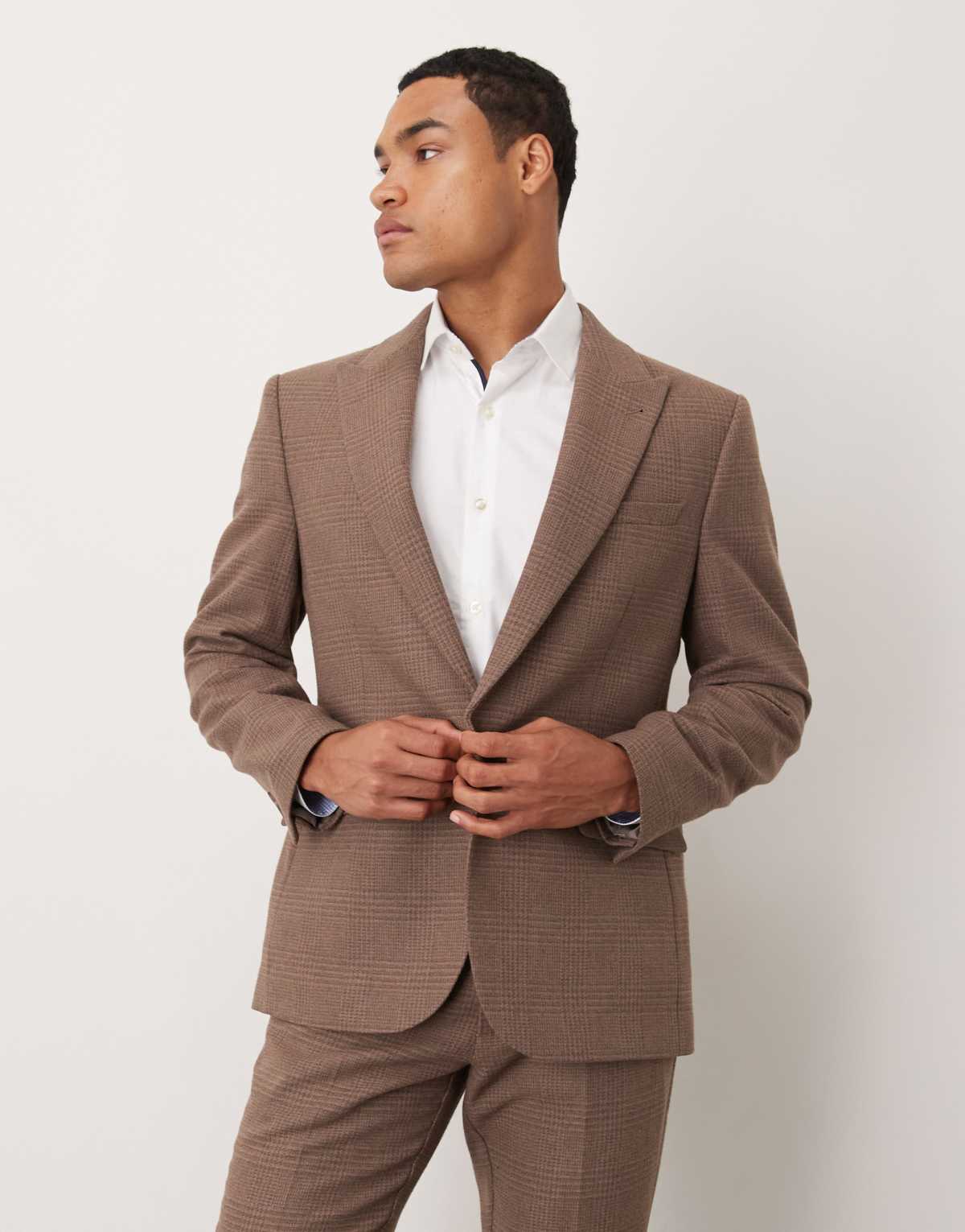 ASOS DESIGN slim wool mix suit jacket in brown glen check