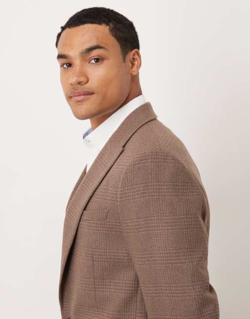 ASOS DESIGN slim wool mix suit jacket in brown glen check, 3 of 5