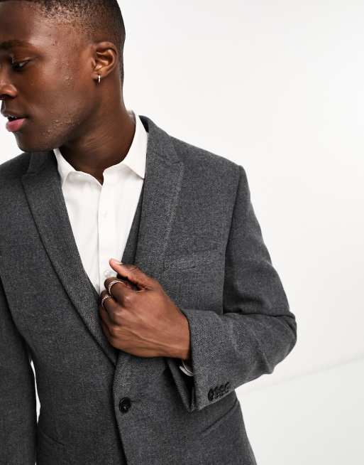 Suits, Tailored Fit Grey Mini Herringbone Suit Jacket