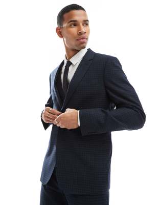 slim wool mix suit jacket in tonal navy check