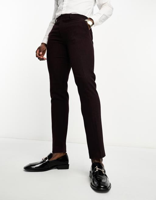 ASOS DESIGN slim wool mix suit pants in herringbone in burgundy