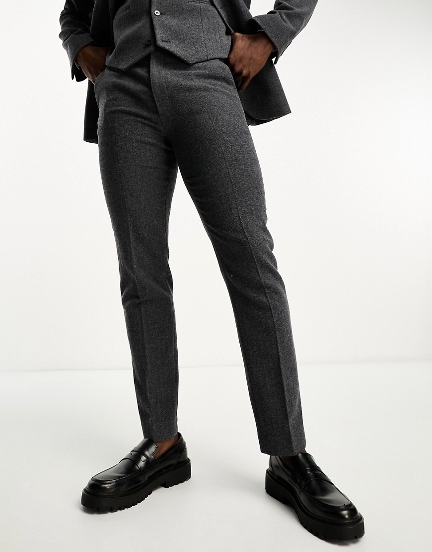 ASOS DESIGN slim wool mix suit trousers in herringbone in charcoal-Grey