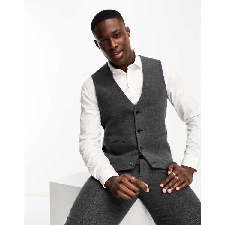 ASOS DESIGN slim wool mix suit vest in herringbone in charcoal