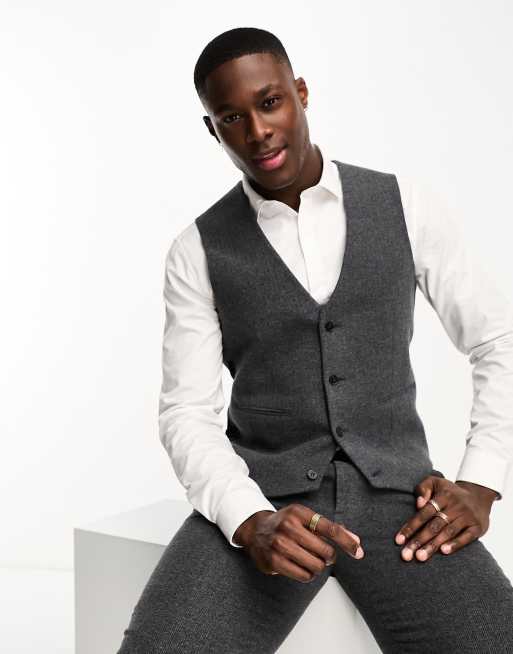 ASOS DESIGN slim wool mix suit vest in herringbone in charcoal ASOS