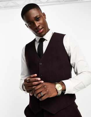 ASOS DESIGN ASOS DESIGN slim wool mix suit waistcoat in herringbone in burgundy-Red