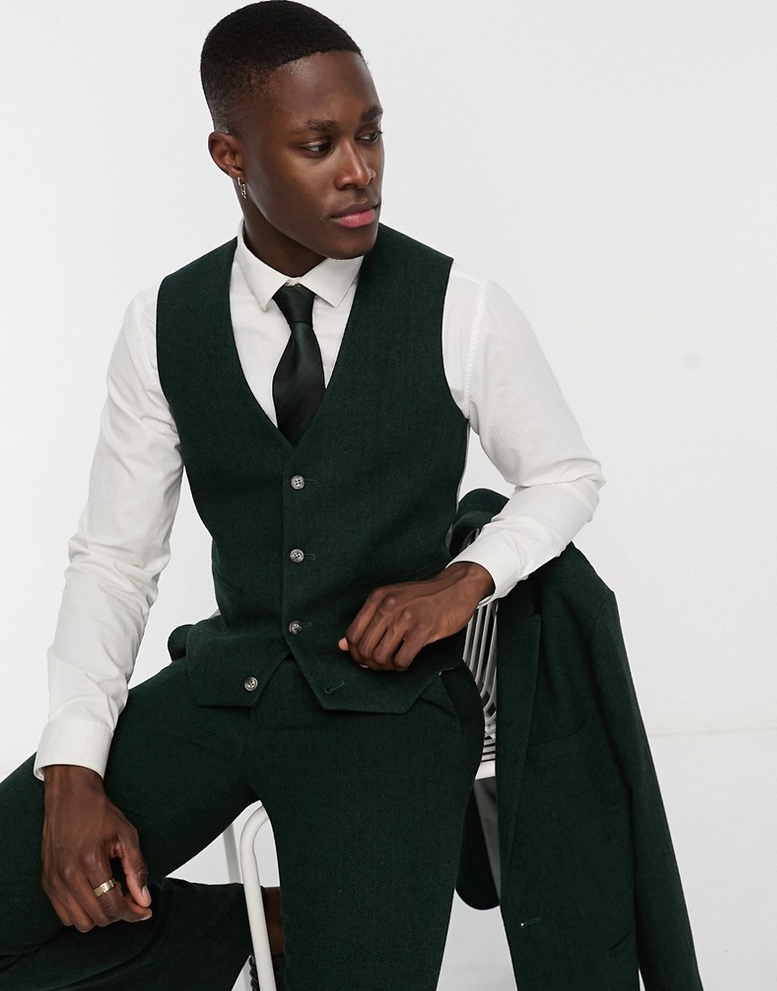 ASOS DESIGN slim wool mix suit waistcoat in herringbone in green