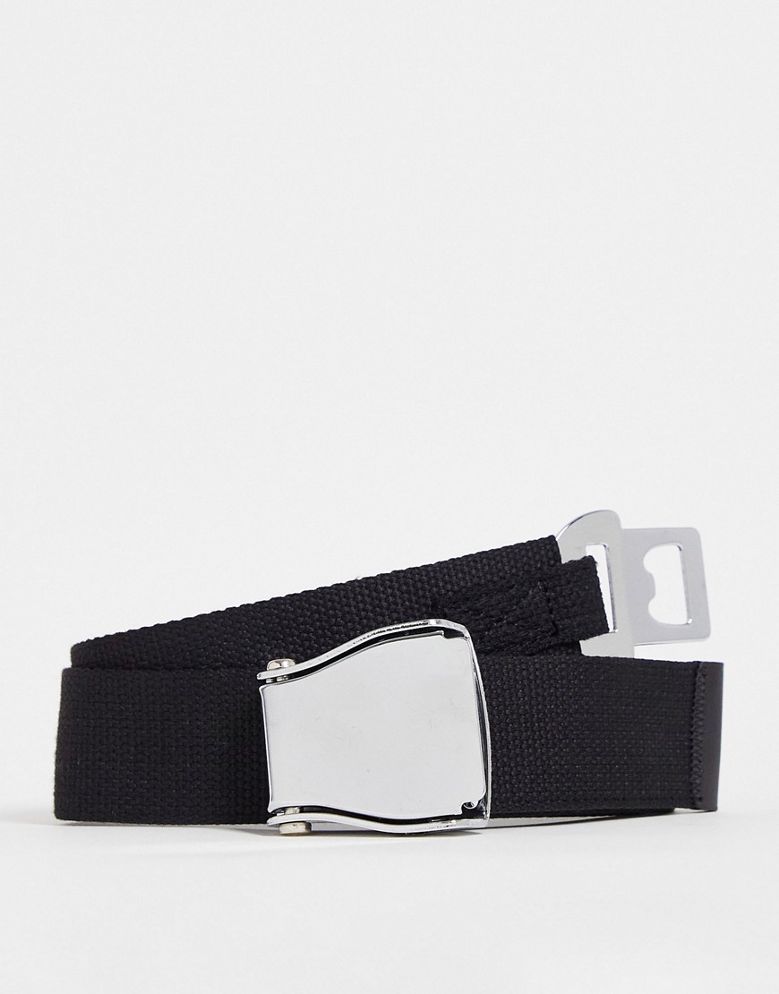 ASOS DESIGN slim woven belt in black with seat belt buckle