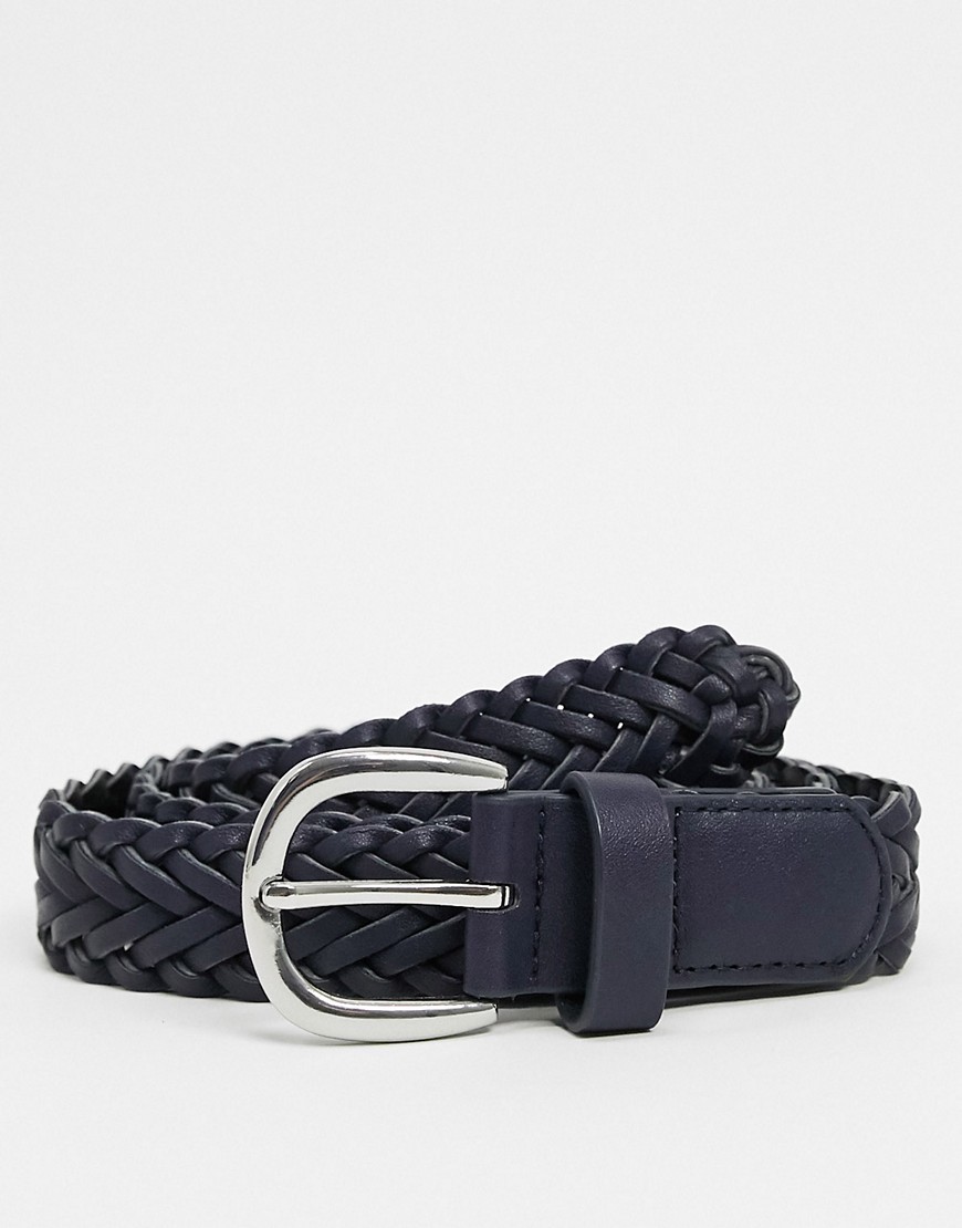 Asos Design Slim Braided Belt In Navy Faux Leather And Silver Buckle