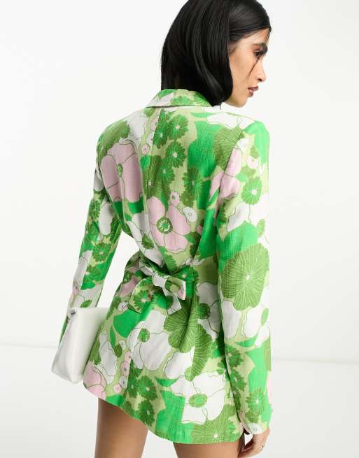 ASOS DESIGN slimline tie back linen mix suit blazer in retro floral print, 4 of 4