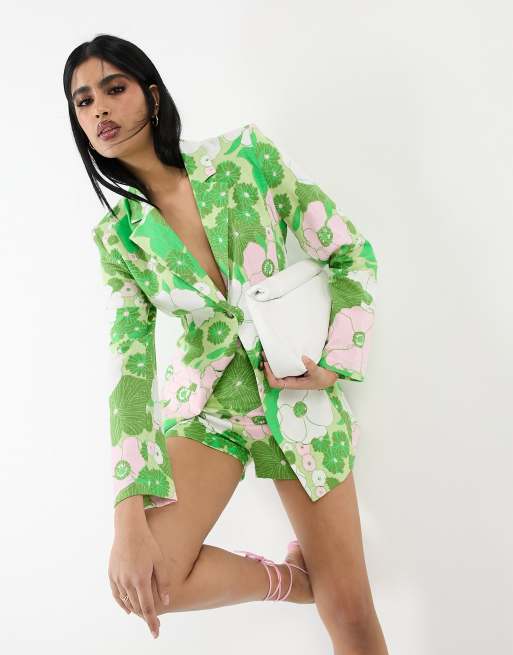 ASOS DESIGN slimline tie back suit blazer with linen in retro floral print, 3 of 4