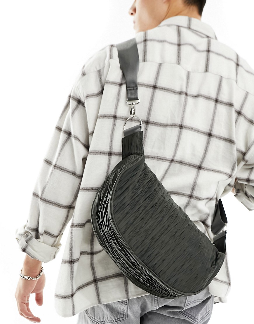 ASOS DESIGN sling cross body bag in khaki plisse-Green