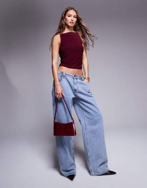 ASOS DESIGN slinky 90's boat neck strappy top in burgundy