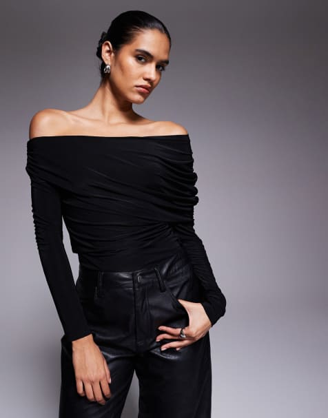 ASOS DESIGN slinky asymmetric cape shoulder long sleeve top in black