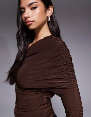 Asos Design Slinky Asymmetric Cape Shoulder Long Sleeve Top In Brown