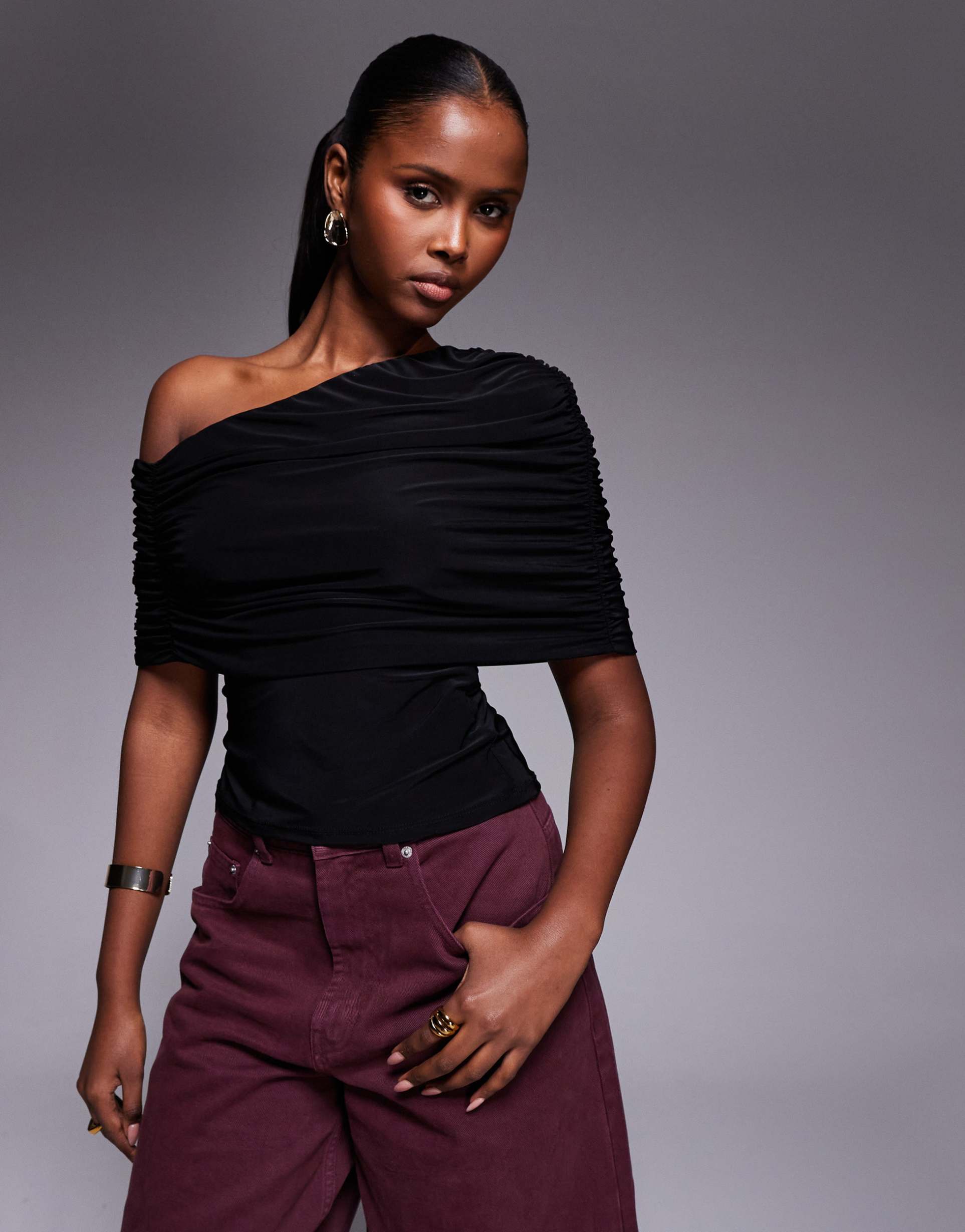 asos design slinky asymmetric cape shoulder top in black