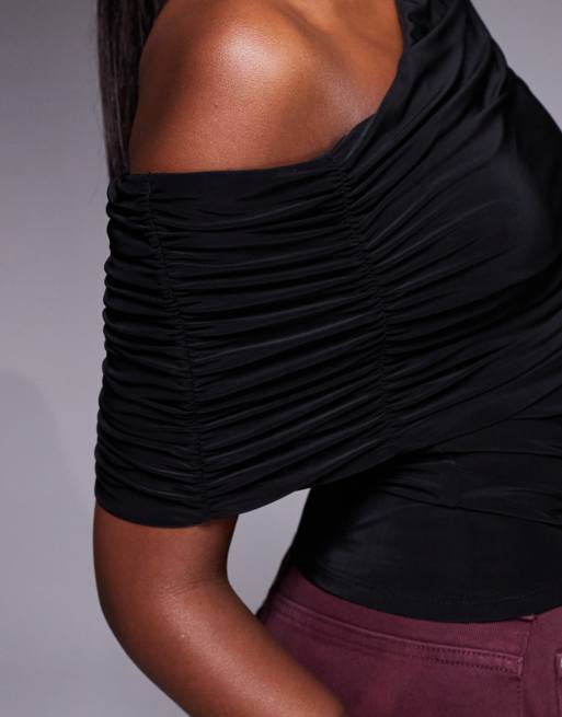 ASOS DESIGN slinky asymmetric cape shoulder top in black, 3 of 4
