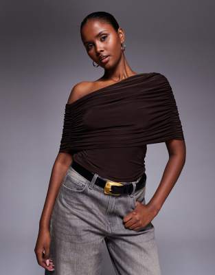 Asos Design Slinky Asymmetric Cape Shoulder Top In Brown