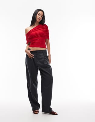 Asos Design Slinky Asymmetric Cape Shoulder Top In Red