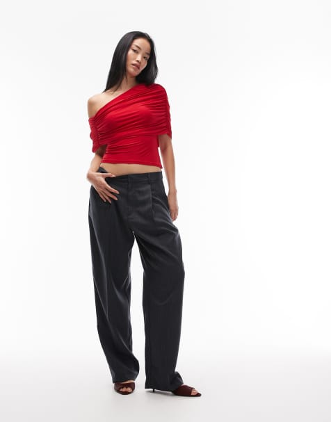 ASOS DESIGN slinky asymmetric cape shoulder top in red - view 1