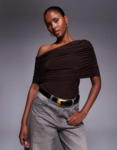 ASOS DESIGN slinky asymmetric cape shoulders top in brown - view 1