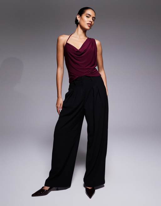ASOS DESIGN slinky asymmetric cowl neck top in berry, 2 of 4