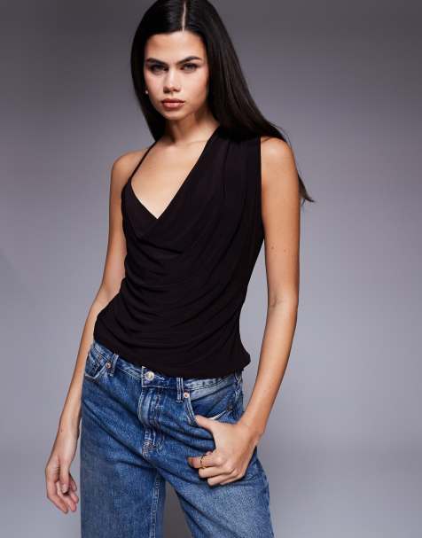 ASOS DESIGN slinky asymmetric cowl neck top in chocolate - view 1