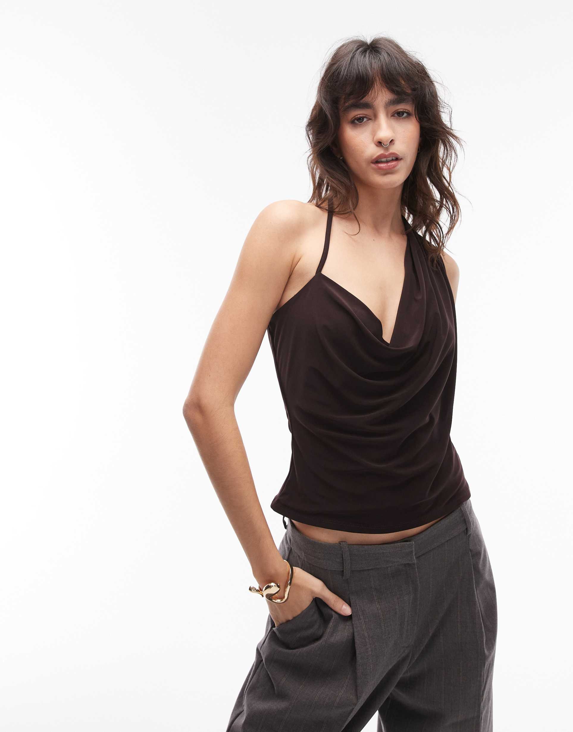 asos design slinky asymmetric cowl neck top in chocolate