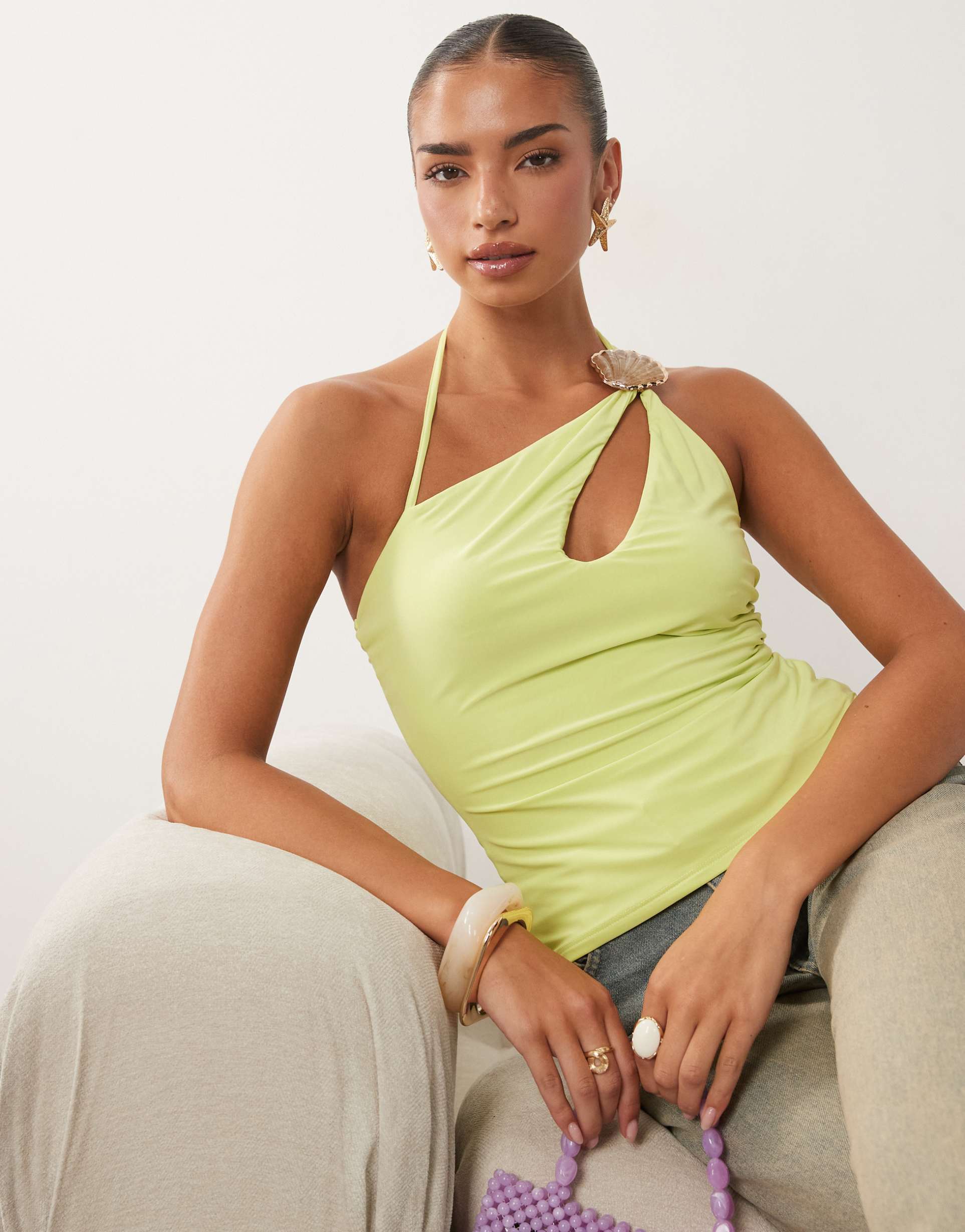 asos design slinky asymmetric cut-out top with shell trim in lime
