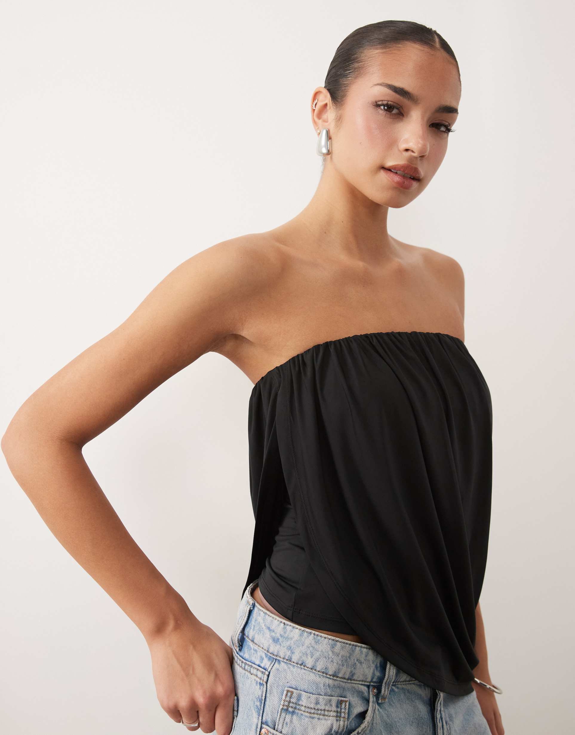 asos design slinky asymmetric drape bandeau top in black