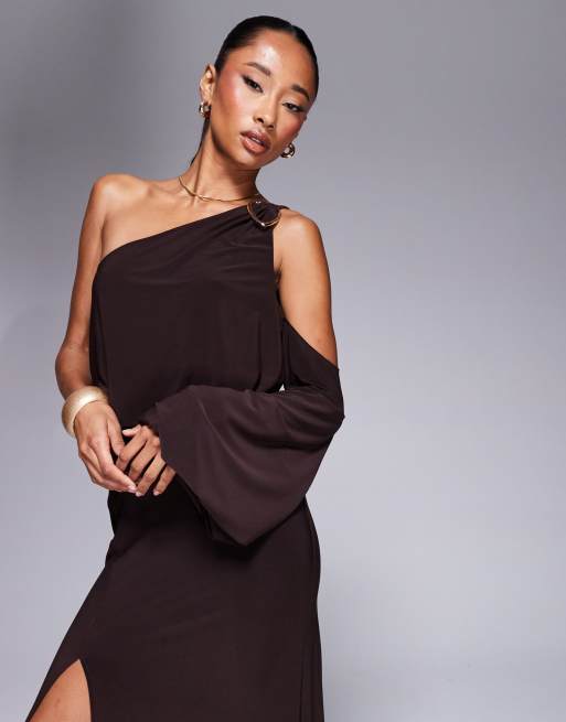 ASOS DESIGN slinky asymmetric drape maxi dress with oversized trim in chocolate ASOS