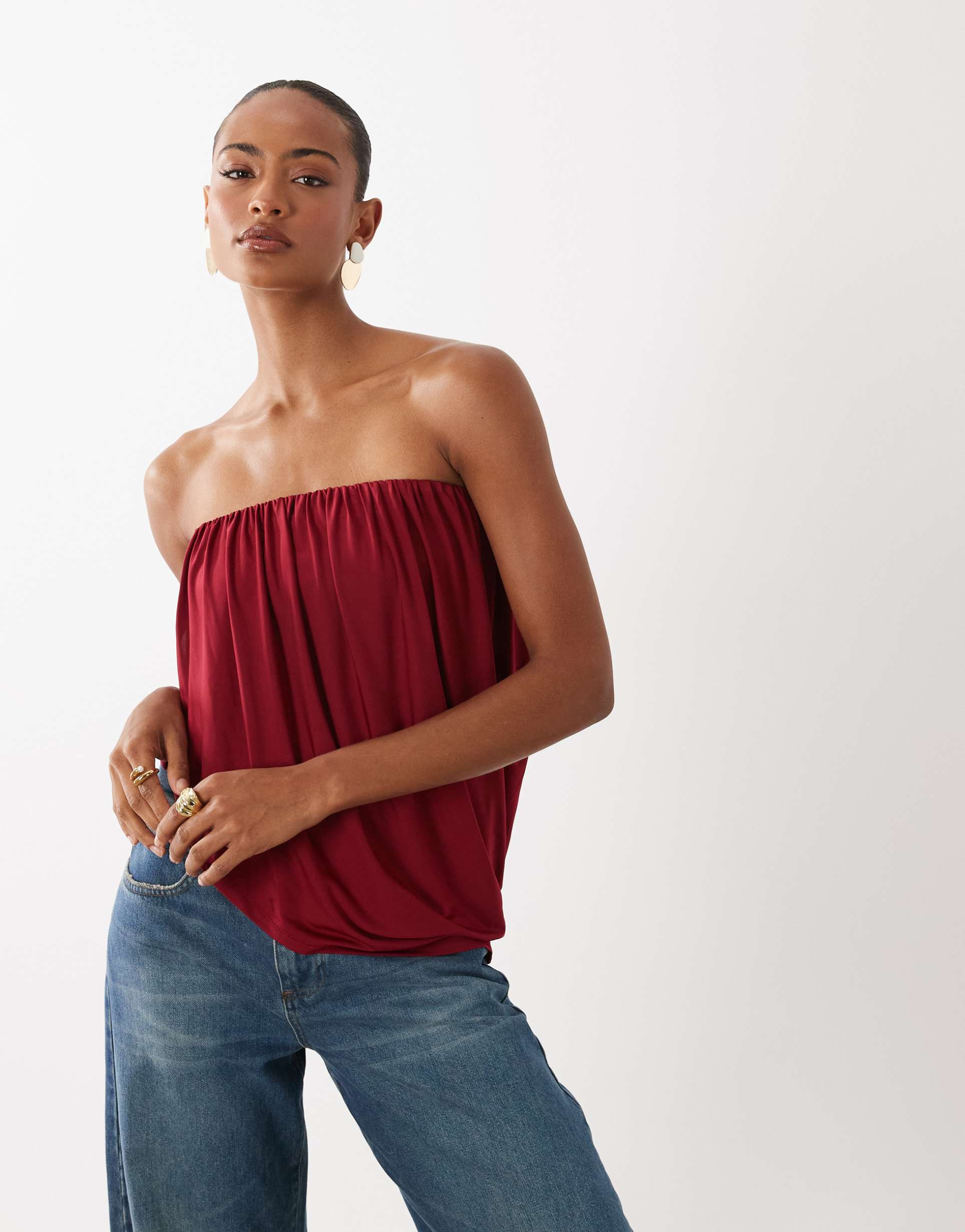 asos design slinky asymmetric draped bandeau top in berry