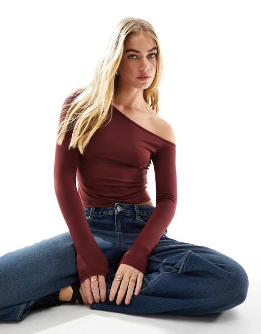 ASOS DESIGN sheer knitted off shoulder top in burgundy