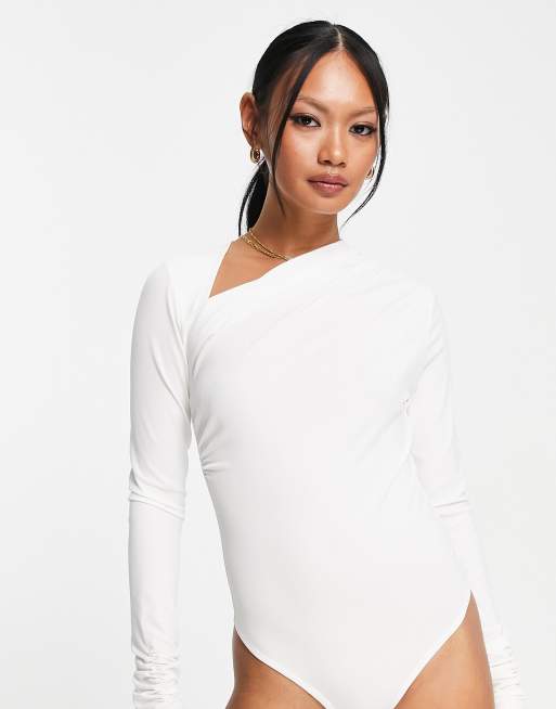 ASOS DESIGN one shoulder bodysuit with tulle trim in white